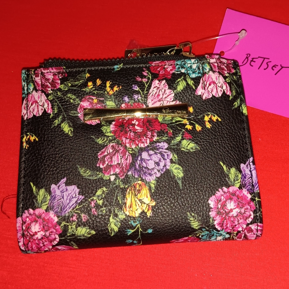 NWT Betsey Johnson Black and Pink Floral Wallet